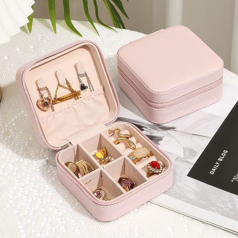 Mini boîte à bijoux de voyage, petit organisateur de bijoux de voyage, boîte à bijoux portable, mini organisateur de voyage, présentoir portable(rose) (1/5)