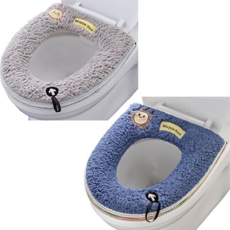 QORVA-(gris + bleu) Lot de 2 coussins universels pour siège de toilette avec boucle de suspension, doux et chaud, lavables