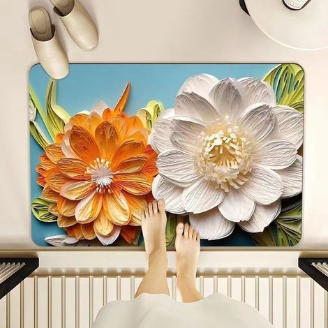 Diatomit-Badematte – Saugfähig, rutschfest und schmutzabweisend, ideal für den Eingang des Badezimmers oder WC (weißes Chrysanthemen- und Orchideenmuster, 50 x 80 cm)-lsw