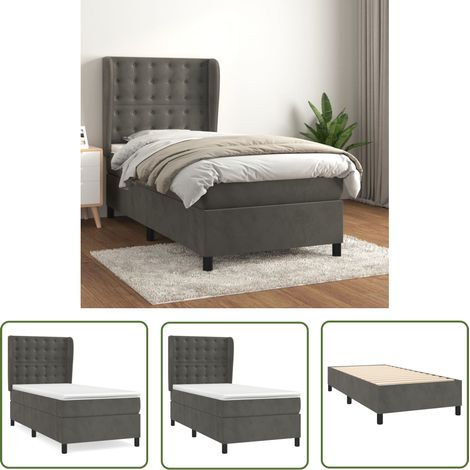 The Living Store Sommier à lattes de lit et matelas Gris foncé 90x200 cm Velours - Lit Double - Lit Capitonné - Lit Velours - Literie - Chambre À Coucher (1/5)