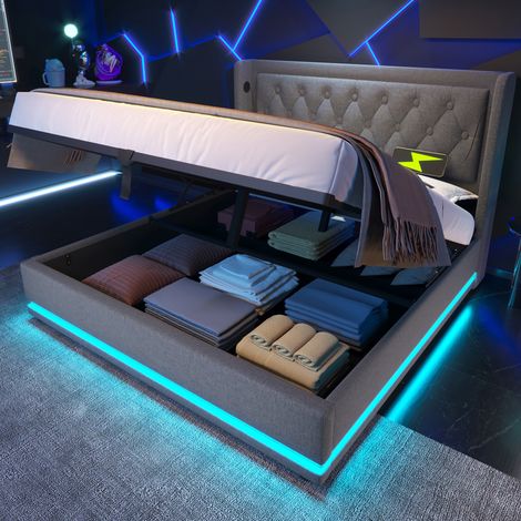 Lit coffre 160x200 LED USB Type-C coton gris OKMYHOME (1/5)