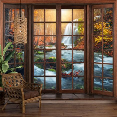 Papier peint panoramique Trompe l'oeil Fenêtre en bois - Cascades - 195 cm x 156 cm (1/5)