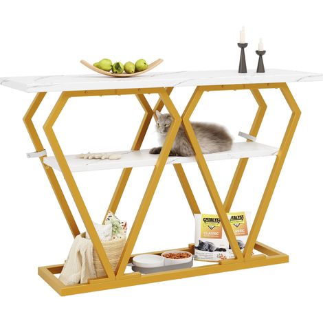Konsolentisch mit Ablagefach schmaler Flurtisch mit Metallbeinen Marmoroptik Tischplatte, 120 × 29,5 × 80 cm, Weiß (1/5)