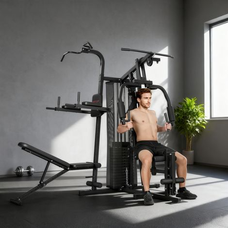 Station d’entraînement multifonction pour plus de 10 exercices, poids et banc de fitness réglable, noir