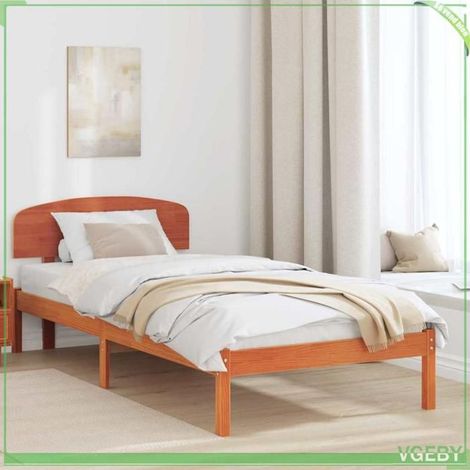Cadre de lit - ABI - 90 x 200 cm - Pin massif - Brun cire - Tête de lit incluse (1/5)