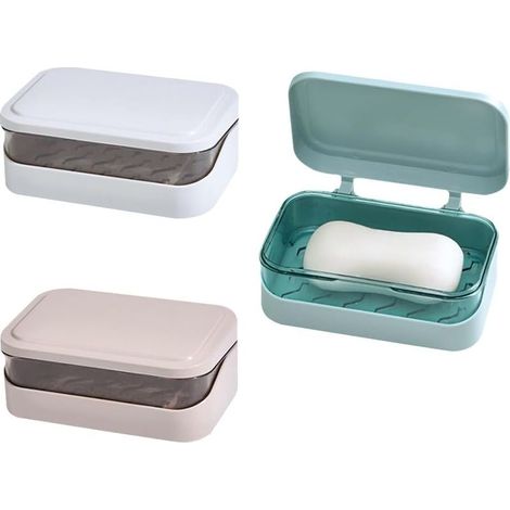 Lot de 3 porte-savons en plastique, étui à savon de voyage avec couvercle et égouttoir amovible, boîte à savon portable pour salle de bain, douche, maison, camping (1/5)