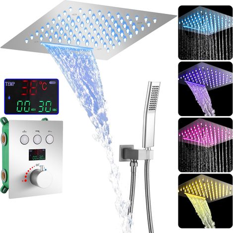 Colonne Douche Encastrable Chrome, LED 64 Couleurs Colonne de Douche Thermostatique avec Affichage Numérique, Ensemble Douche avec 2 Fonctionnel Pommeau de Douche (1/5)