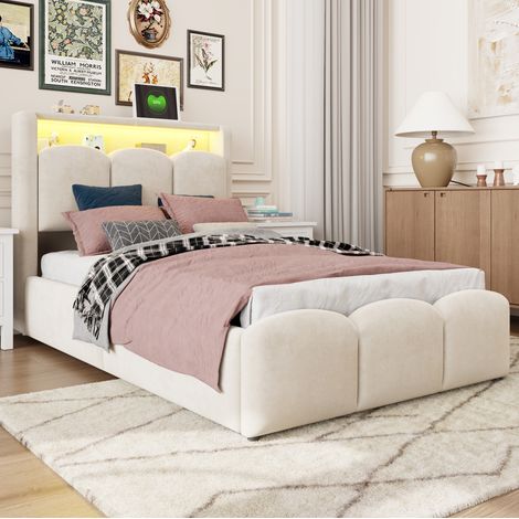 Polsterbett 90x200, Kinderbett Ausgestattet mit hydraulischer Staufunktion Mit Stauraum im Kopfteil, Weichem Samtstoff und Blütenblattdesign Einzelbett,mit USB- und Typ-C-Anschlüssen, LED, Beige (1/5)
