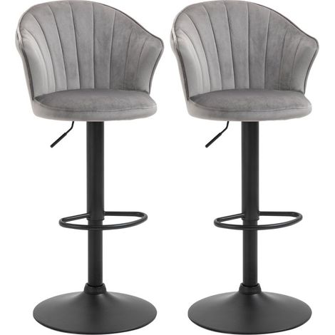 Lot de 2 tabourets de bar pivotants sans accoudoirs, revêtement effet velours. Hauteur réglable, assise rembourrée, couleur grise