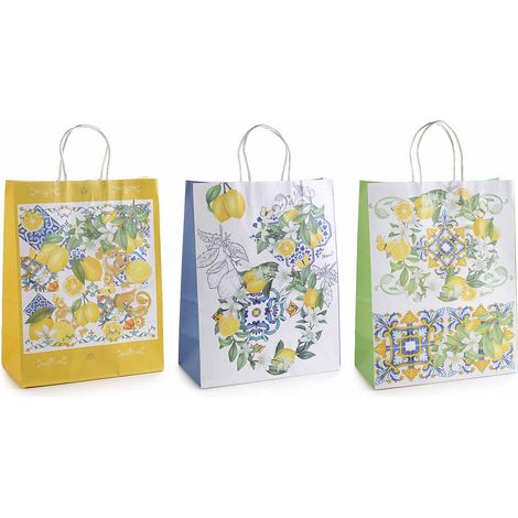 Sacchetti / buste grandi in carta colorata con stampa agrumi, set da 45 pezzi, cm 25,5 x 12,5 x 33 H
