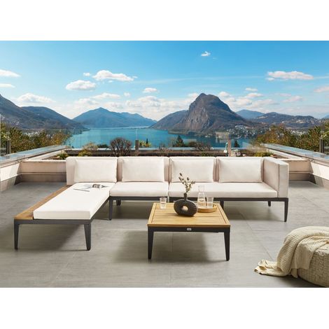 Conjunto de jardín 4 plazas de madera de acacia certificada sofá esquinero con mesa de centro cojines beige claro derecho Bracciano (1/5)