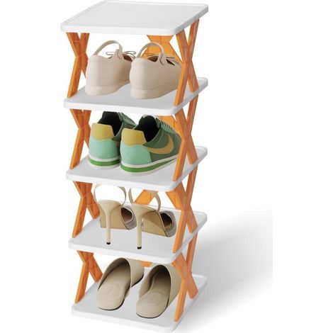 Étagère à chaussures à cinq niveaux, meuble à chaussures en plastique, design étroit, adapté aux petits espaces, peut être utilisé dans les entrées (1/5)