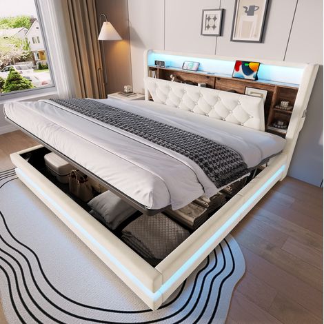 Letto contenitore 180x200 cm in velluto con testiera multifunzione, LED, USB e Type-C beige DESVIAE (1/5)