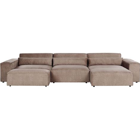 Modular Corner Sofa 3 Seater HELLNAR Fabric Light Brown with Ottoman Left Hand (1/5)
