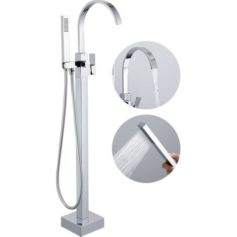 Robinet de Baignoire sur Pied Chromé Cascade 360° en Laiton, Mitigeur Autoportant Monocommande avec Douchette, Montage au Sol, Hauteur 108 cm