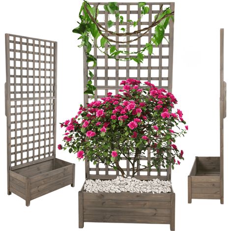 MODO24 Jardinière avec treillis pergola en pin, sur pieds, bac à fleurs 190x80x40 cm, jardin/balcon/terrasse, gris imprégné