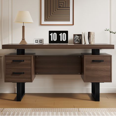 135 x 54 cm einfacher Büroschreibtisch, MDF und hochwertiges Stahlrohr, geräuschlose Schublade, Ordnerschublade, spritzwassergeschützte, geräumige Schreibtischplatte, effiziente Aufbewahrung, braun (1/5)