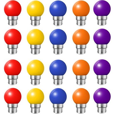 Packung mit 20 B22 2W LED-Lampen, farbige Energiesparlampen, Rot, Gelb, Blau, Grün, Lila [Energieklasse B]