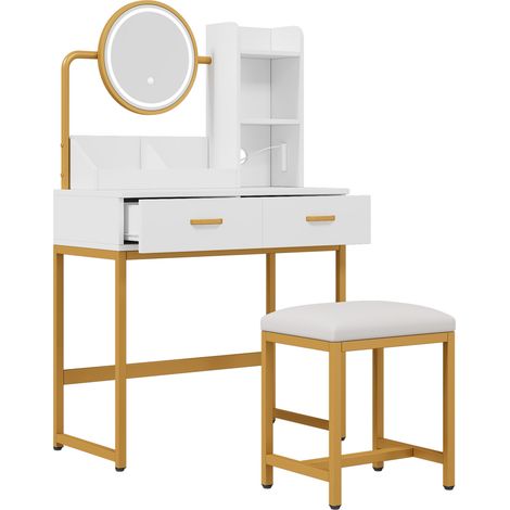Tocador moderno blanco y dorado con espejo LED giratorio, enchufes, taburete y 2 cajones (1/5)