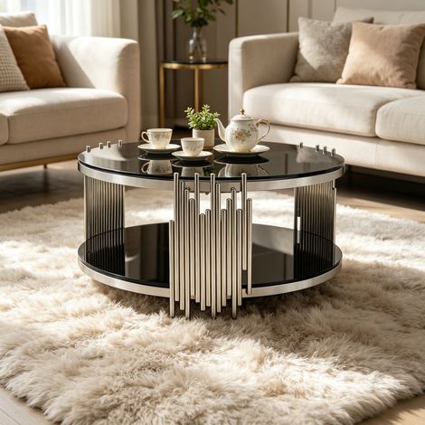 Couchtisch rund aus schwarzem Sicherheitsglas und Edelstahl in Silber, 2 Ebenen (1/5)