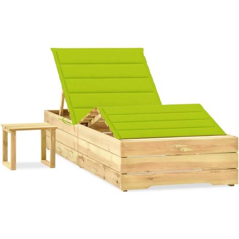 Transat chaise longue bain de soleil lit de jardin terrasse meuble d'extérieur 198 cm avec table et coussin pin imprégné (1/5)