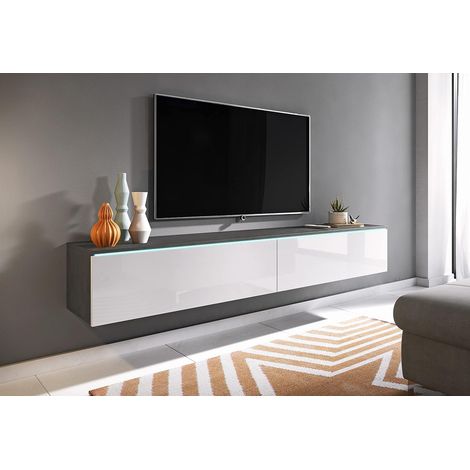 Meuble TV Lowboard 180 cm – Panneau stratifié 15 mm – Finition A.B.S résistante – Suspendu ou au sol – Coloris matera/blanc brillant (1/4)