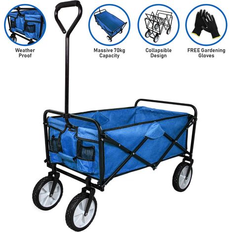 Faltbarer Gartenwagen Transportwagen Bollerwagen Handwagen Rollenwagen Gerätewagen Strandwagen bis zu 70kg belastbar Blau (1/5)