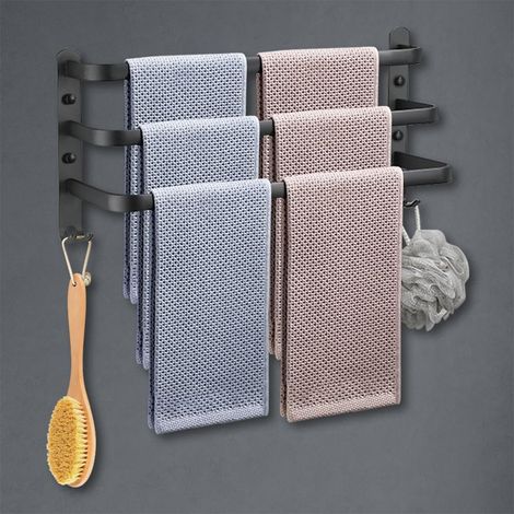 1 - Porte-Serviettes Mural - Étagère Serviette Aluminium - 3 Niveaux avec Crochets - Ventilation Optimée pour Salle de Bains et Cuisine - Noir - 50x22cm