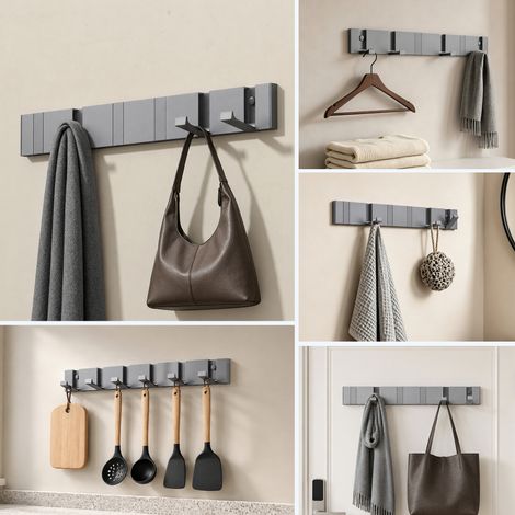 doporro Garderobenhaken Wand Moderne，Wandgarderoben aus Aluminium Garderobenleiste klappbar kleiderhaken mit 6 Beweglichen Haken，wandhaken Grau