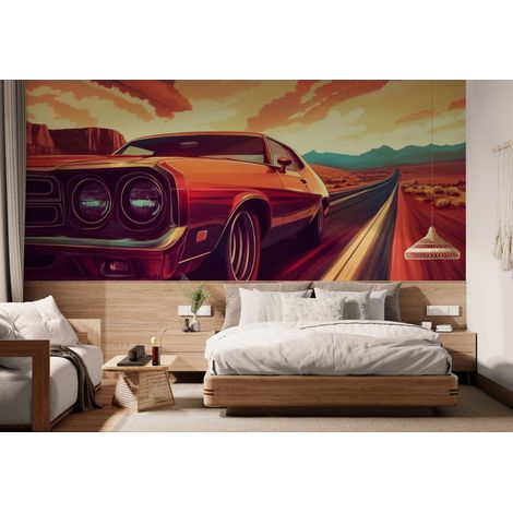 Papier peint Vintage – voiture orange sur route désertique - 150 x 250 cm (1/2)