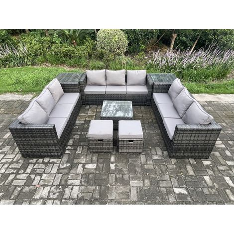 Fimous 11-Sitzer Rattan Gartenmöbel Set Patio Lounge Sofa Set mit 2-Beistelltischen Quadratischer Couchtisch 2 Kleiner Fußhocker Dunkelgrau Gemischt