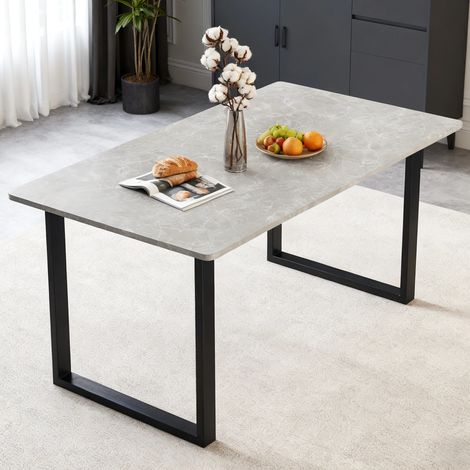 AINPECCA 150cm Dining Table- Rectangle Marble Effect Beige Top with U Shape Metal Black Legs for 4-6 Seaters Home Kitchen (1/5)