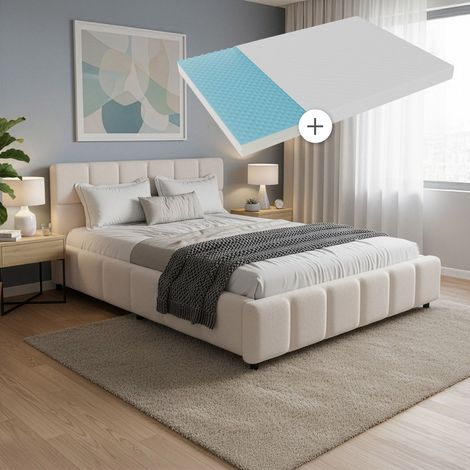 Juskys Polsterbett Florenz 140 x 200 cm mit Matratze – Bouclé, modernes Bett mit Kopf- & Fußteil, stabilem Holz- & Metallrahmen, Lattenrost, 500 kg Tragkraft – Creme