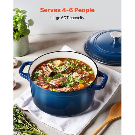 Cocotte en fonte émaillée 5,7L avec couvercle et poignées, plat cuisson robuste, four induction 260 C, ragoût, mijoté, rôti, pain, bleu (1/5)