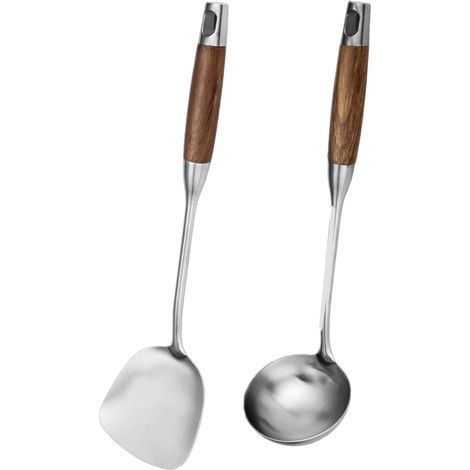 Louche Et Pelle A Wok - Acier Inoxydable 304 - Manche En Bois Resistante Chaleur - Pour Cuisine Asiatique - Lot De 2 (1/5)