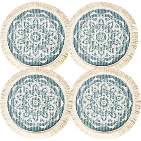 CSPARKV Set of 4 Round Bohemian Style Woven Cotton Placemats for Hot Dishes and Hot Drinks, 13 Inch Washable Mandala Pattern Tassel Placemats for Dining Table Home Decor