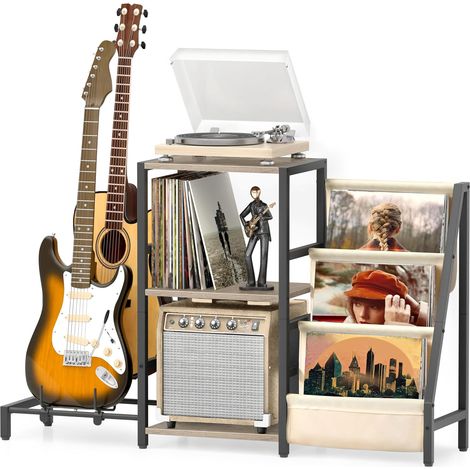 Meuble Platine Vinyle avec Rangement à 3 Niveaux et Support Guitare, Table Tourne-disque avec Étagère pour Ampli Guitare Acoustique, Électrique ou Basse – Blanc (1/5)