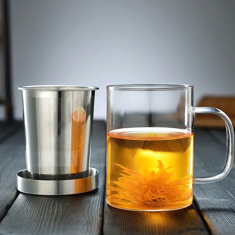 450-ml-Teebecher aus Borosilikatglas mit integriertem Teesieb und Deckel, für die Zubereitung von Teeaufguss. (1/5)