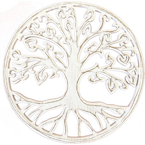 Décoration murale arbre de vie en bois blanc patiné 30 cm (1/2)