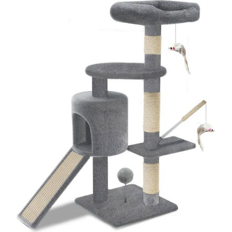 VOUNOT® Kratzbaum mit Kratzbrett Sisalseil für Katzen, Katzenbaum 115cm, Grau