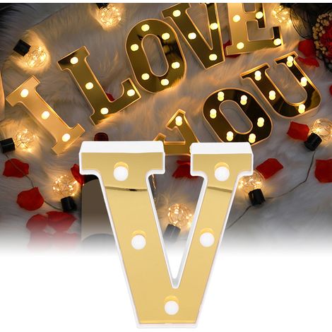 Goldene LED-Buchstabenlampe in V-Form, ideal für Heiratsanträge, Feste und Partys. Warmweißes Licht. (1/5)