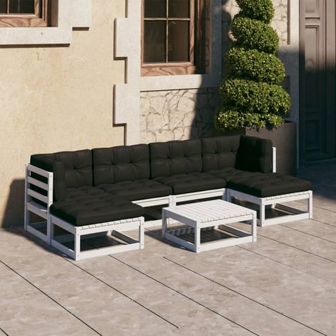Salon de jardin 7 pcs Ensemble Table et Chaise de Jardin - avec coussins Blanc Bois de pin massif BV856939 - BonneVie (1/5)