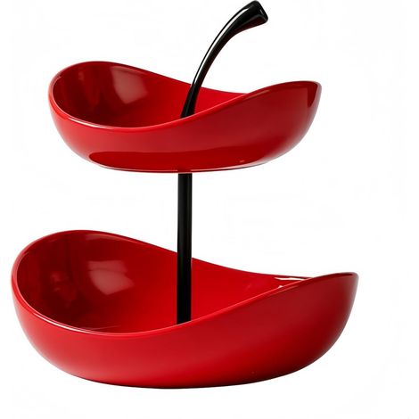 Frutero de dos niveles, frutero de cerámica de 2 niveles, cuencos de cerámica de varios niveles con soporte de metal, cuenco para servir, rojo, de dos niveles (1/2)