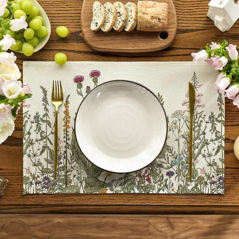 Ensemble de 6 sets de table printaniers à motifs d'herbes et de fleurs sauvages antiques, 30 x 45 cm, sets de table estivaux saisonniers pour la décoration de la cuisine et des repas, blanc cassé, 30 (1/4)