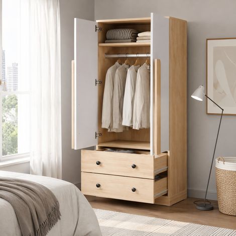 MEUBLIV Armoire 70x40x170 cm blanc et bois – 2 portes, 2 tiroirs et étagère (1/5)