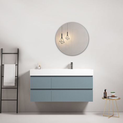 Mobile bagno sospeso cannettato 120 cm Blu Avio Lavabo a Destra in Resina Specchio Tondo - Fiji Paint (1/4)