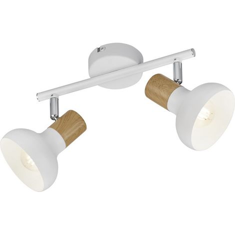 Spot de plafond moderne blanc double, détails bois, 2x E14, orientable