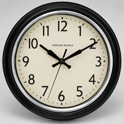 Horloge murale ronde moderne en métal noir avec mouvement silencieux à quartz noir – Livraison gratuite