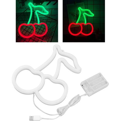 Enseignes lumineuses néon cerise, décoration murale LED néon fruit alimentée par USB ou piles, veilleuse, cerise rouge (1/5)