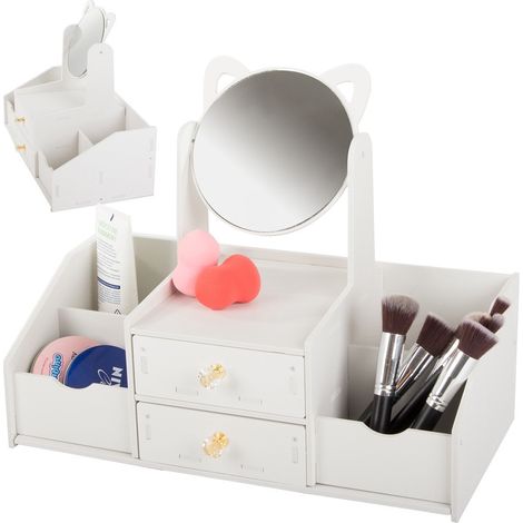 Miroir de coiffeuse blanc avec rangement, organisateur de cosmétiques pivotant, 2 tiroirs et étagères, plastique (1/5)